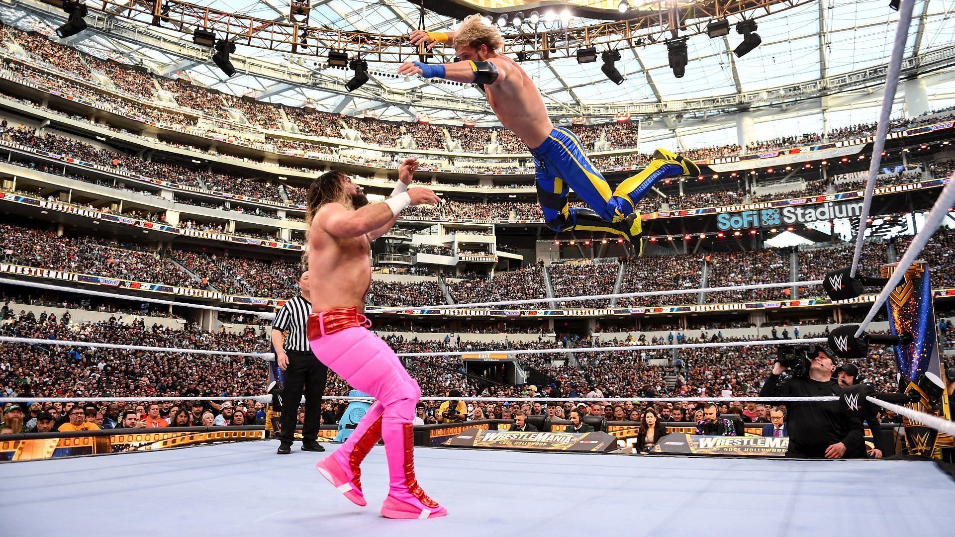 Logan Paul and Seth Rollins at WrestleMania 39
